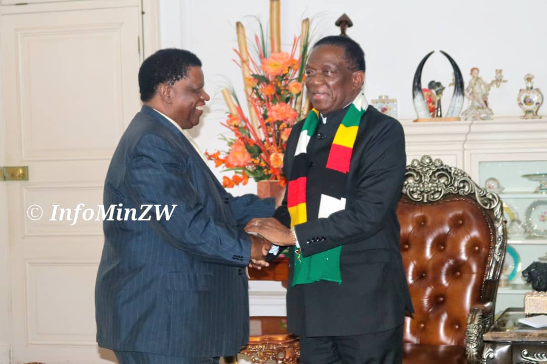 President Mnangagwa welcomes Namibian Minister Utoni Nujoma at State House.