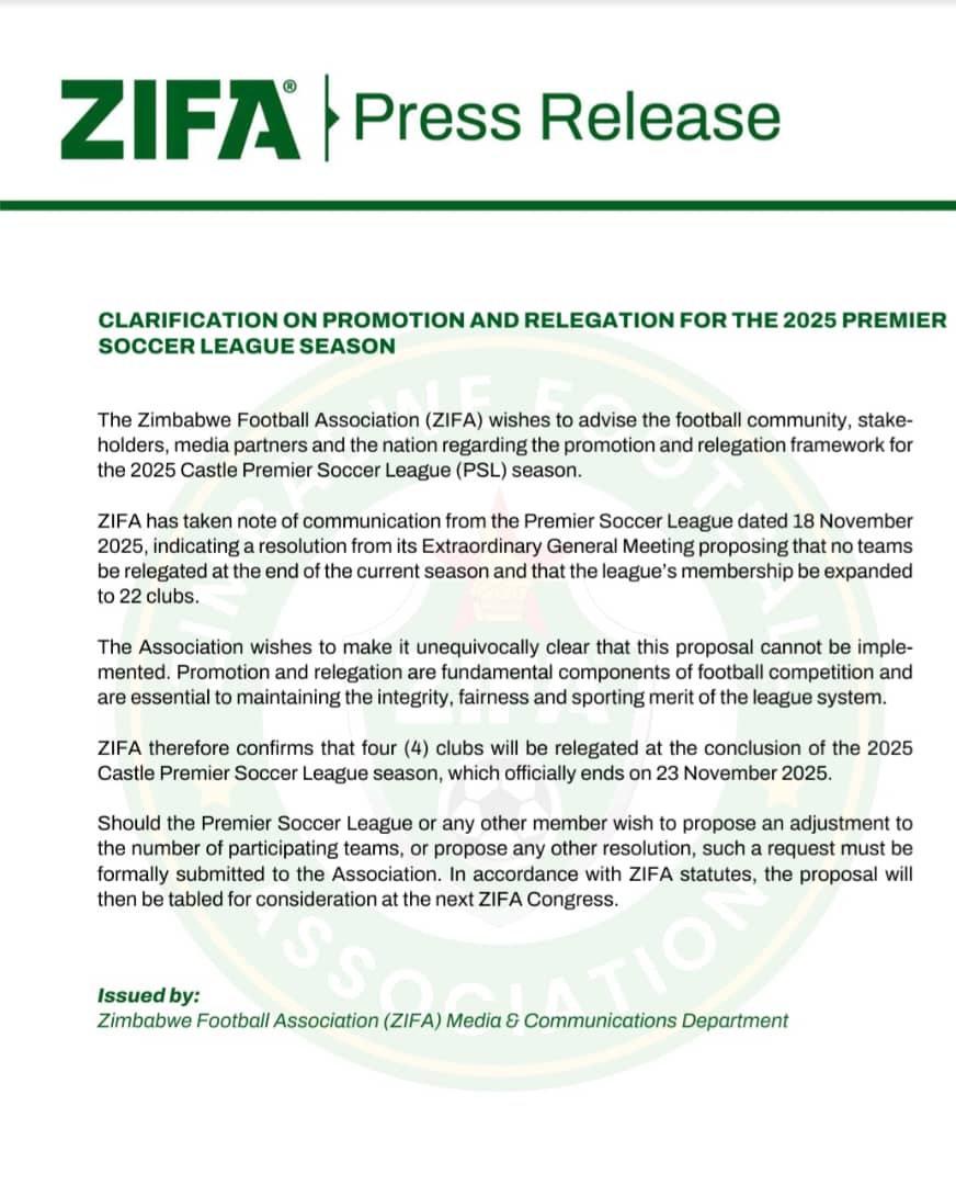 BREAKING: ZIFA OVERTURNS PSL DECISION, SAYS RELEGATION WILL GO AHEAD