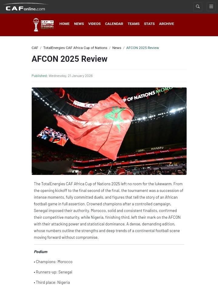 CAF Updates Official AFCON 2025 Standings